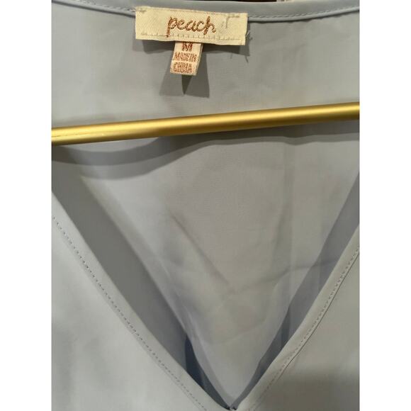Peach Love California Light Blue Peplum Top M V‑Neck Swiss Dot Sleeve EUC - Picture 5 of 9